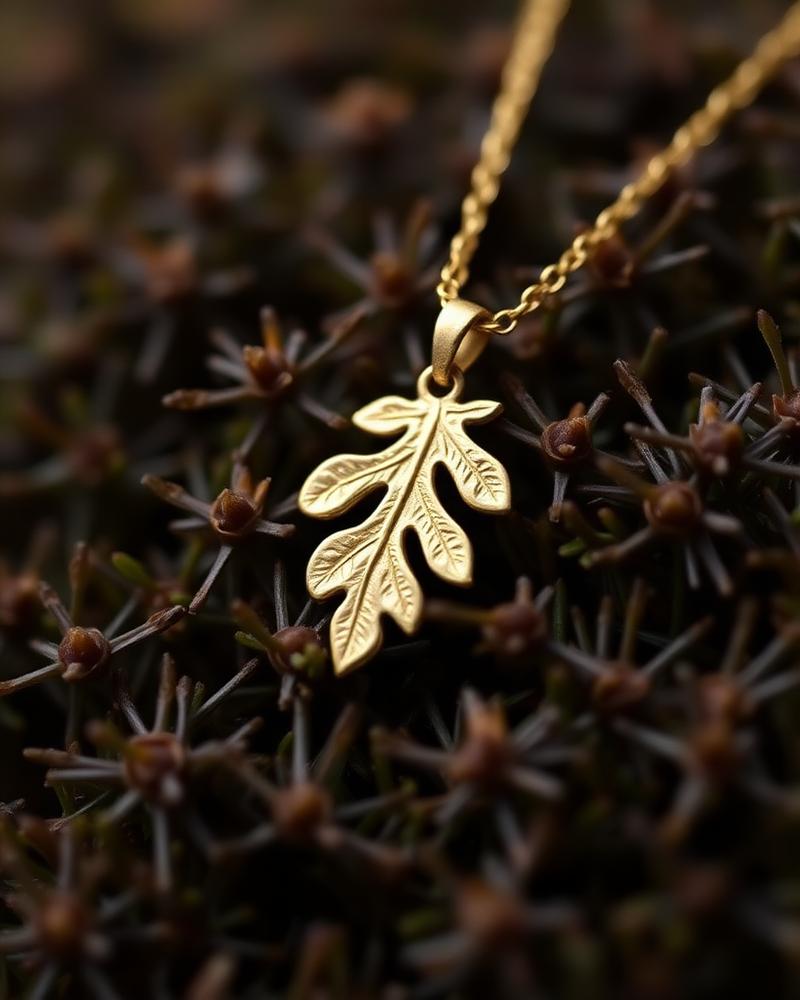 Gold oak-leaf pendant resting on dark forest moss