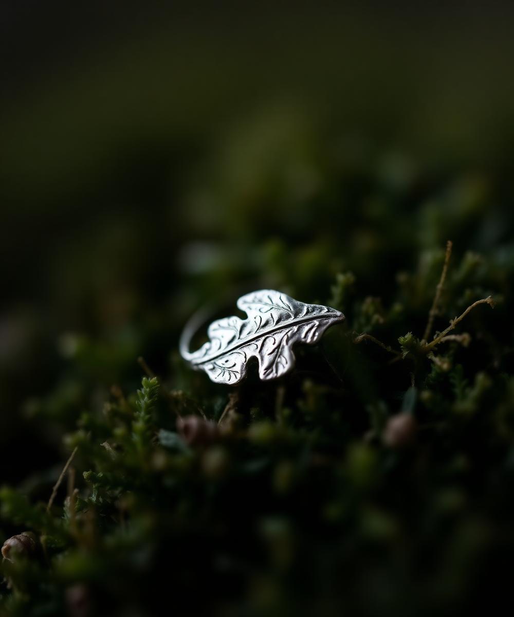 Silver ring with oak-leaf texture resting on dark moss